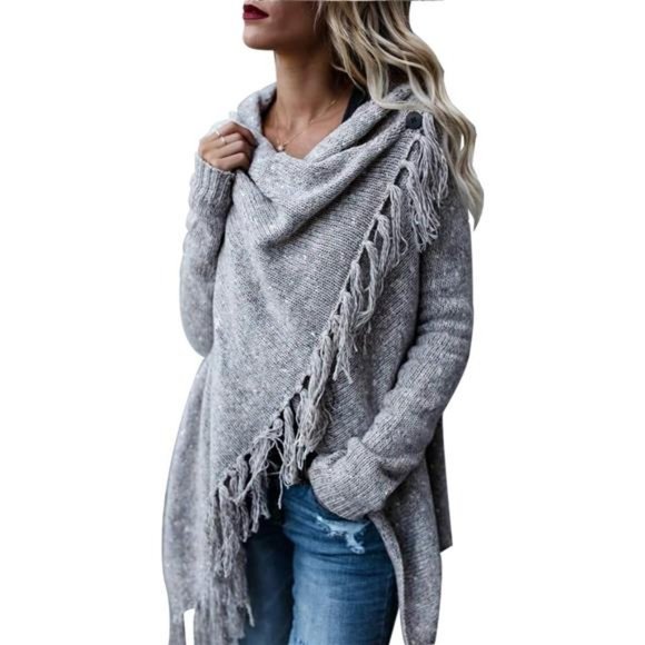 Women's Tassel Hem Sweater Long Cardigan Knitwer Pullover Poncho Coat - Picture 5 of 5